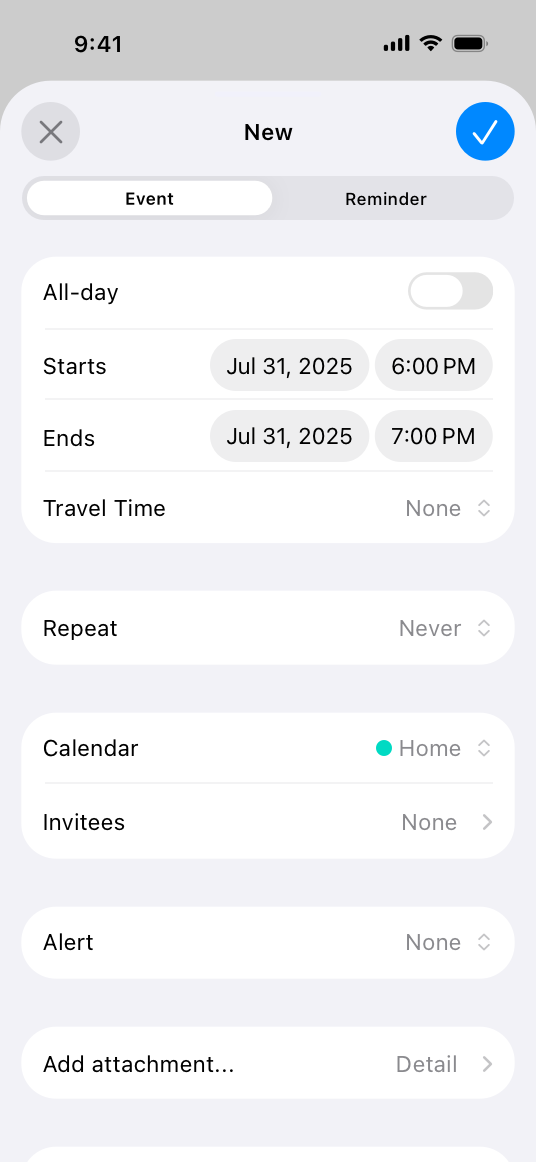 A screenshot of Calendar on iPhone, with a new calendar event open for editing. The editing screen contains controls for setting the details of the event, including its start and end dates, travel time, repeat interval, calendar, invitees, alert options, and attachments.