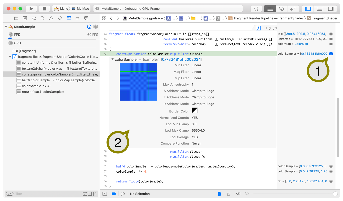 On the right, a variable's gray block is checked, and in the center, the variable inspection panel shows detailed information about the variable.