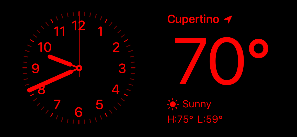 An image of iPhone in low-light conditions. It shows a Clock widget on the left that displays the time as 9:41 a.m. and a Weather widget set to Cupertino with the temperature at 70 degrees Fahrenheit on the right.