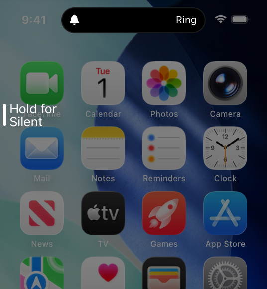 A partial screenshot of the Home Screen on iPhone that displays hint text for the Action button. The hint text is Hold for Silent.