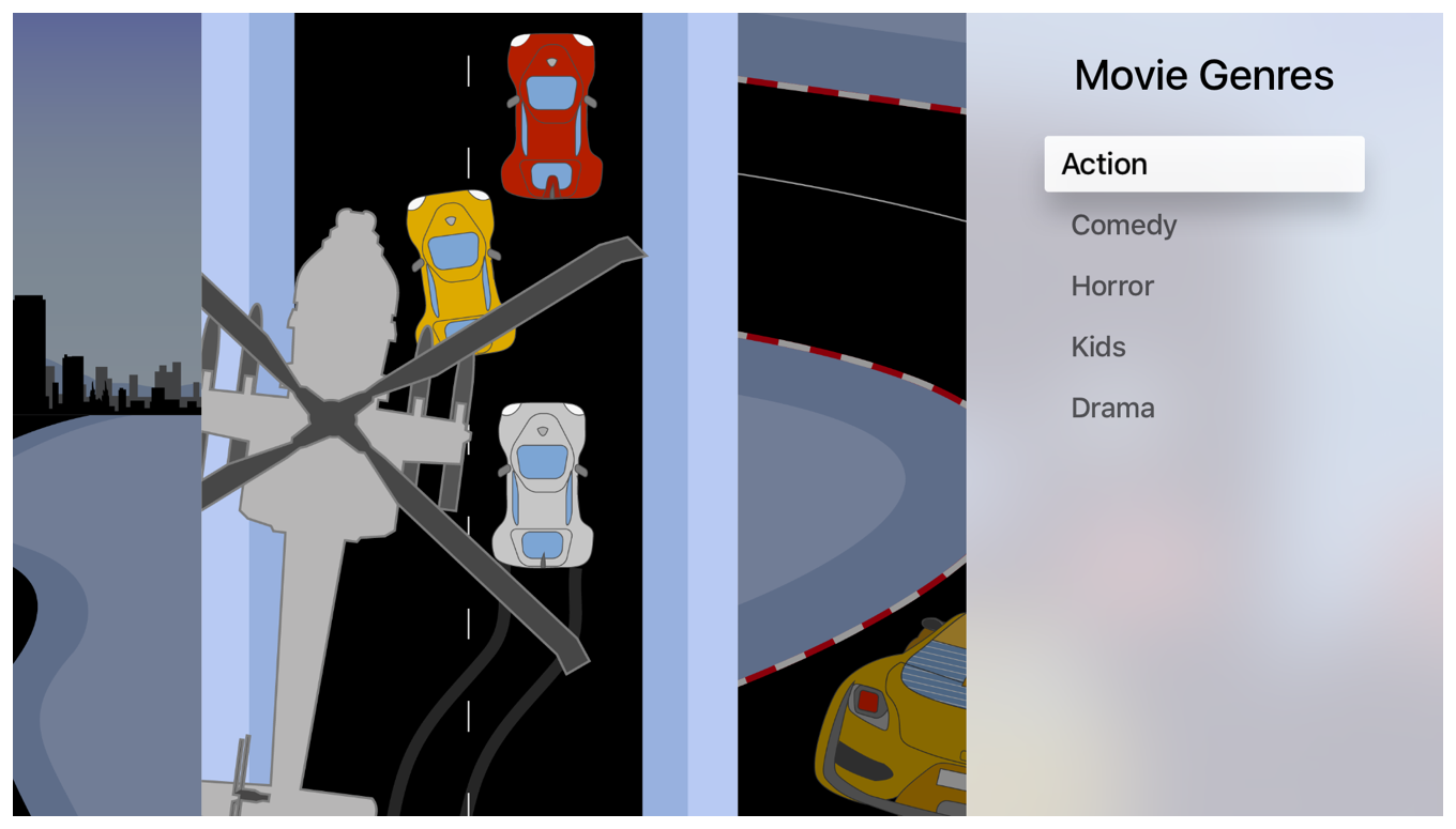 Screenshot showing movie genres on the right. A collage of images relating to the selected movie genre is on the left.