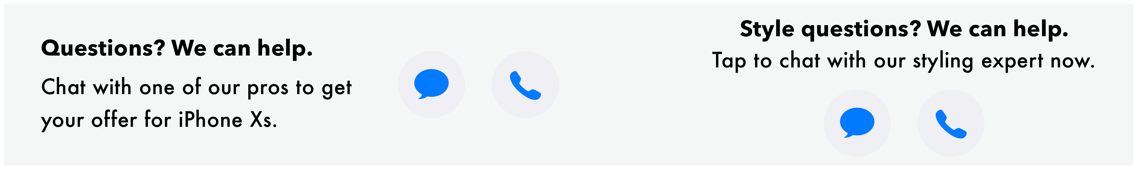 A Business Chat button in banner mode with context, CTA, and message and phone buttons centered horizontally (left); and vertically (right).