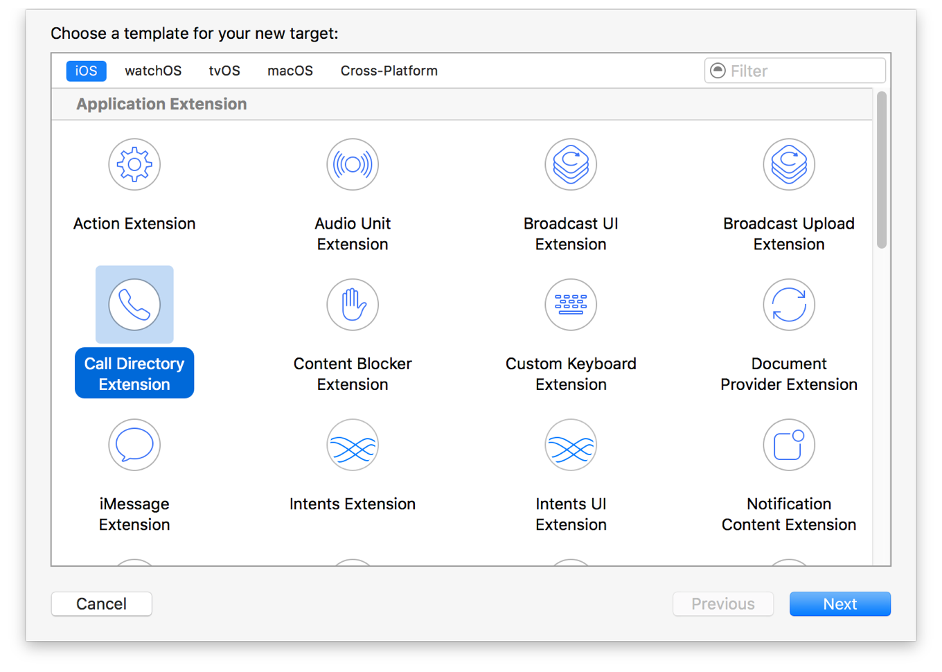 Xcode Call Directory Extension target template screenshot