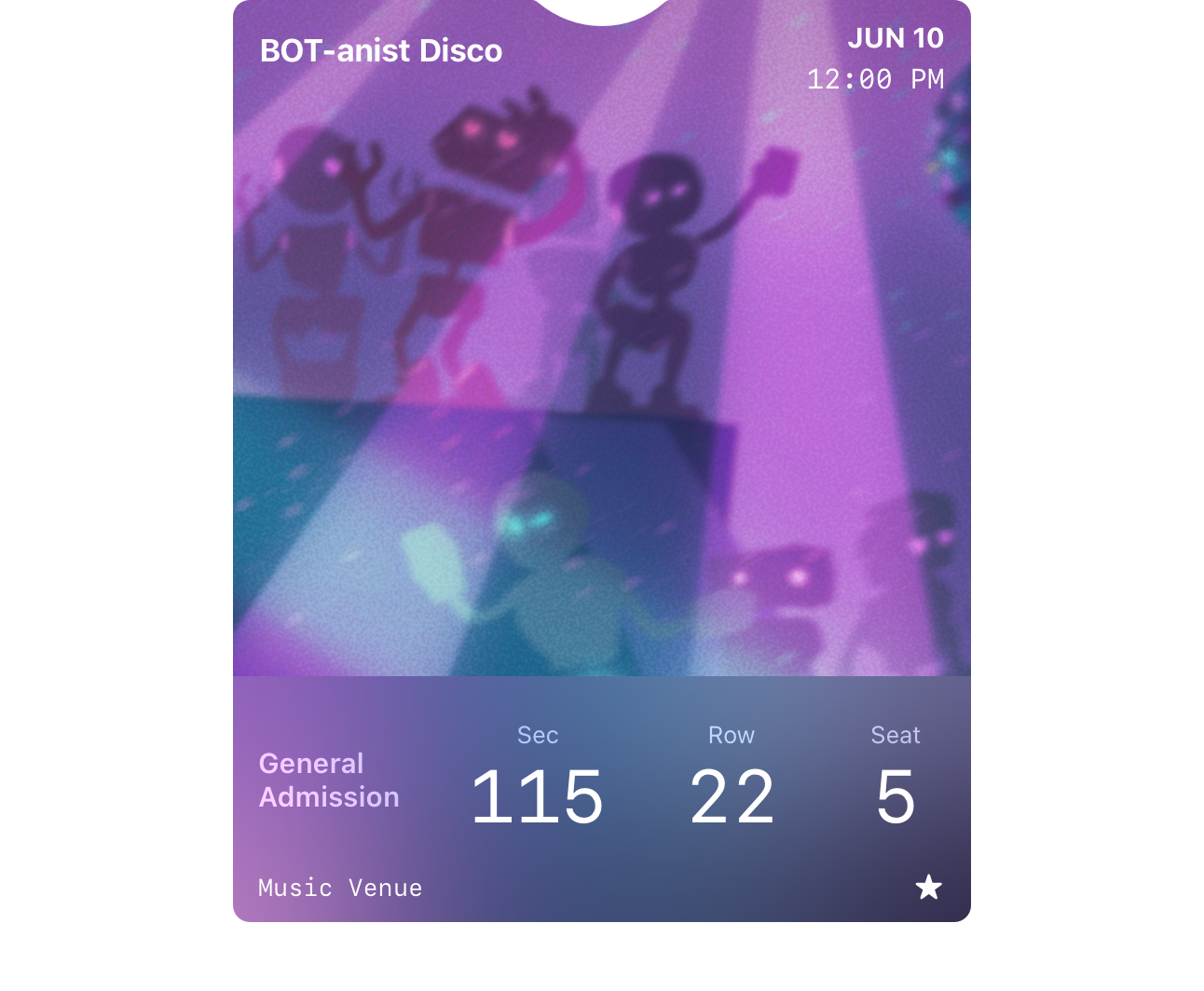 An illustration representing a poster event ticket pass. The pass includes an event name, a date and time, a background image, seat information, a venue name, and a secondary logo.