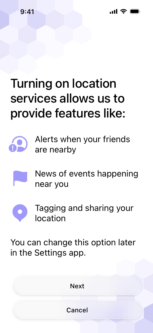 A screenshot of an app’s pre-alert screen that includes a button titled Cancel that appears below the Next button.