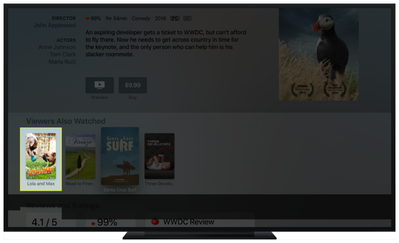A darkened image with a highlighted box in the bottom-left corner that shows a media item image and title.