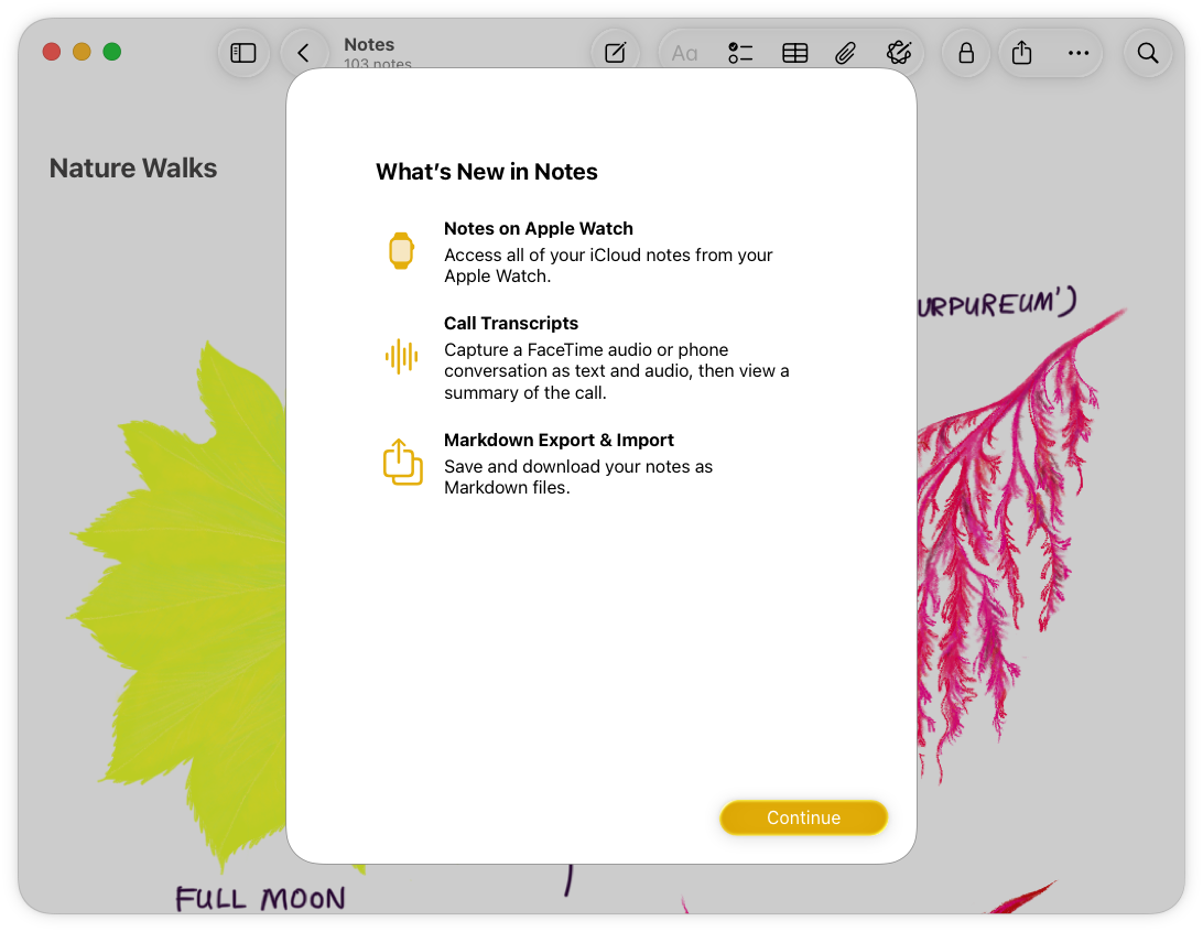 A screenshot of the Notes app, with the What's New in Notes sheet centered on top of a dimmed Notes document in the background.