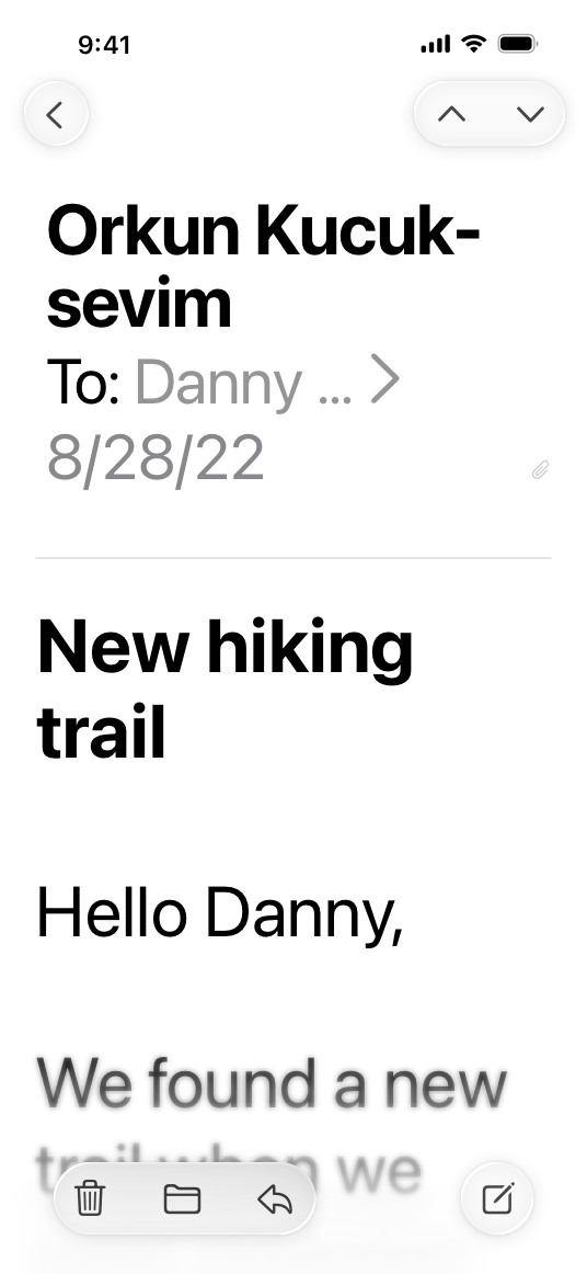 A screenshot of a Mail message on iPhone, using the largest accessibility font size. From the top, the message header displays the sender name on one line, followed by the truncated recipient name on the next line, and the date and attachment glyph on the third line. Below the header and message title, the first line and part of the second line of body text are visible on the screen.