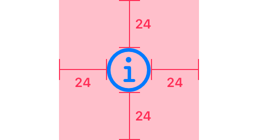 An illustration of a symbol centered on top of a shaded rectangle that extends beyond the symbol by the same distance on all sides. Centered on each side, a callout indicates that the padding between the symbol and each edge of the shaded rectangle is 24 points.