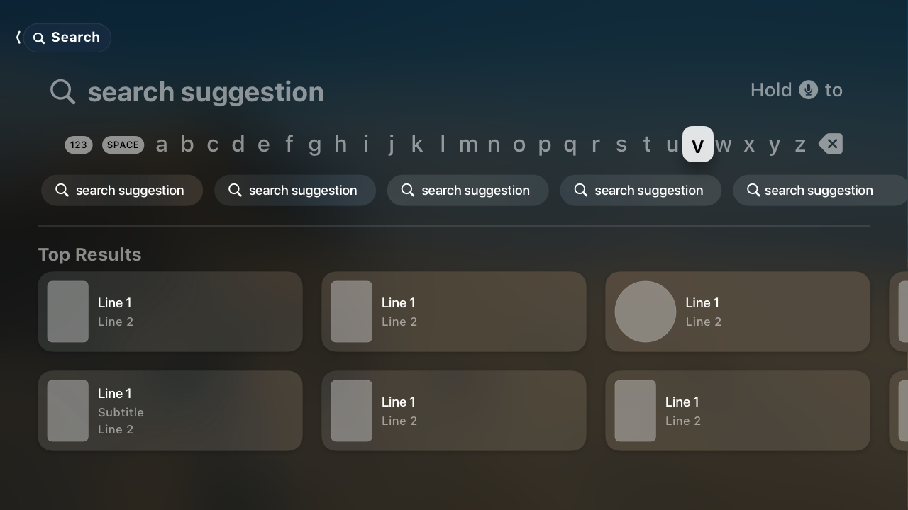 An illustration of a search screen in tvOS. The screen includes a field with a keyboard input area at the top, a scope control, and a grid of top results at the bottom.