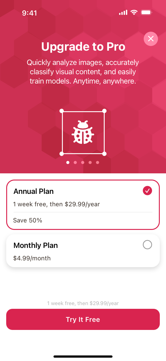 A screenshot of a page titled Upgrade to Pro on a freemium app running on iPhone. The top half of the screen describes pro features and includes a close button in the top right. The bottom half of the screen shows two subscription options: the Annual Plan, which costs $29.99 per year, comes with a 1-week free trial period, and is a savings of 50% over the monthly plan; and a Monthly Plan that costs $4.99 per month. A checkmark appears next to the Annual Plan subscription. The bottom of the screen includes a Try It Free button.