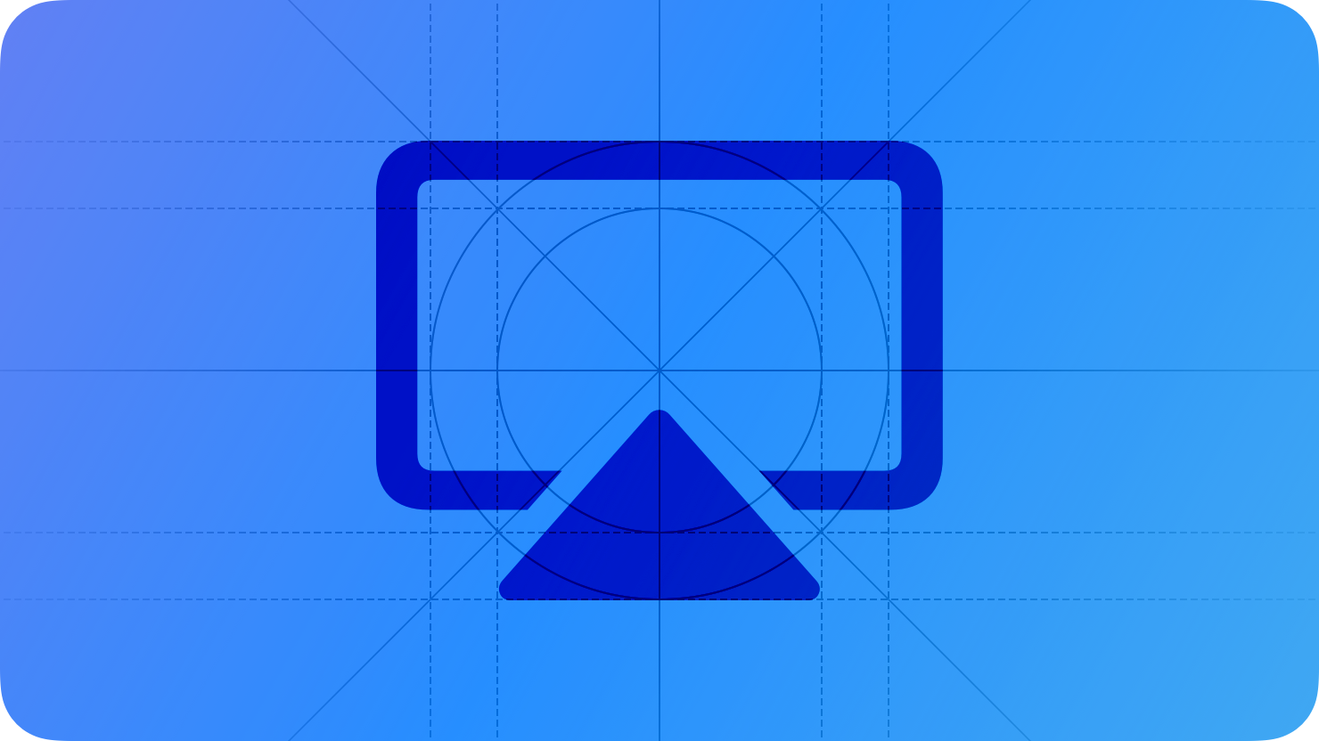 A sketch of the AirPlay icon. The image is overlaid with rectangular and circular grid lines and is tinted blue to subtly reflect the blue in the original six-color Apple logo.