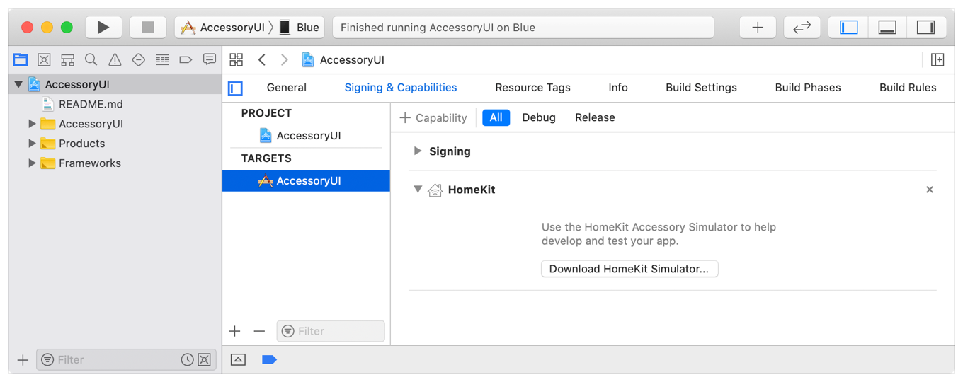 Screenshot showing how you enable the HomeKit capability in Xcode’s Signing and Capabilities pane.