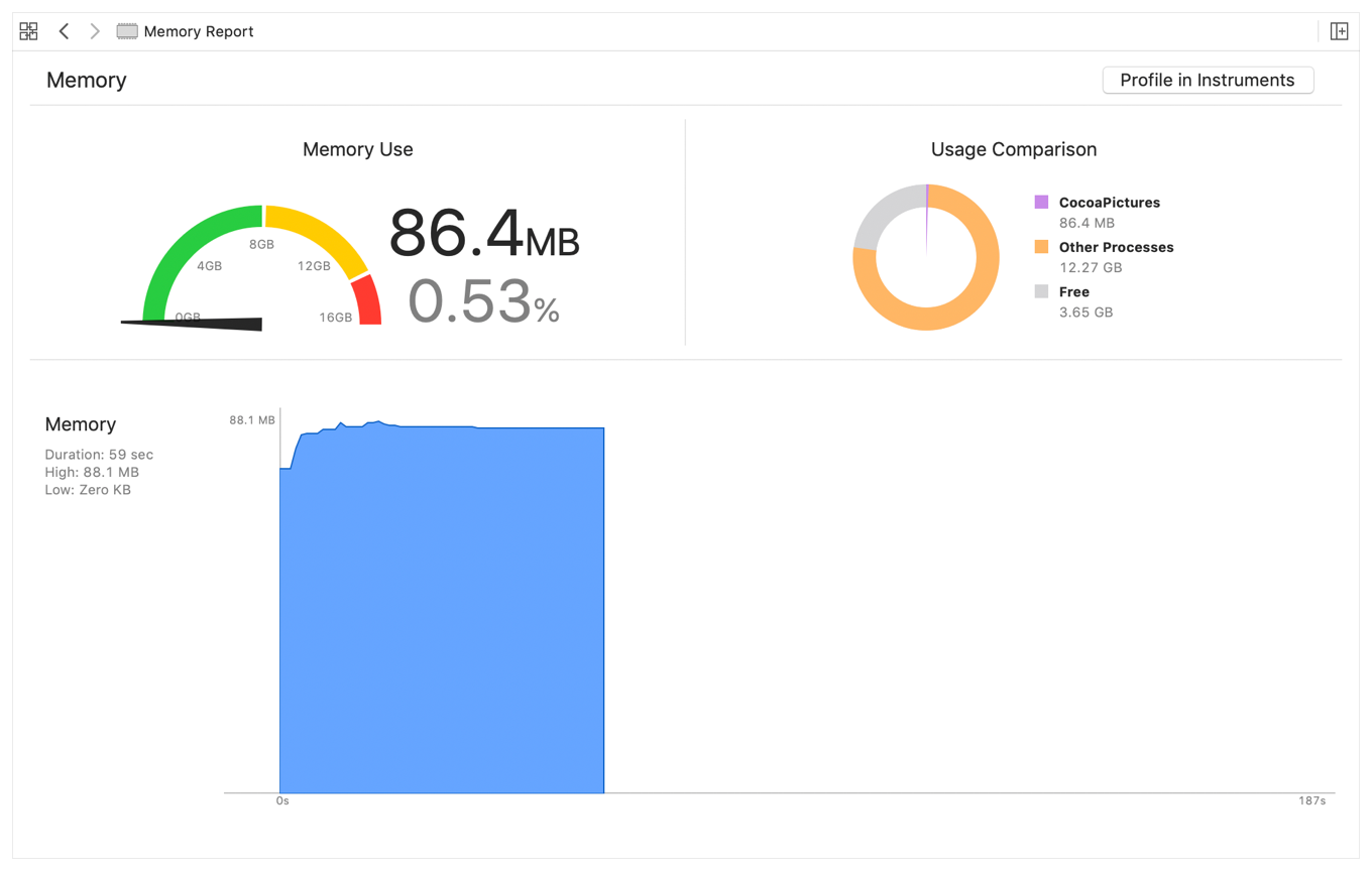 Illustration showing Xcode’s Memory Report, available while debugging an app. The line graph tracks memory use over time.