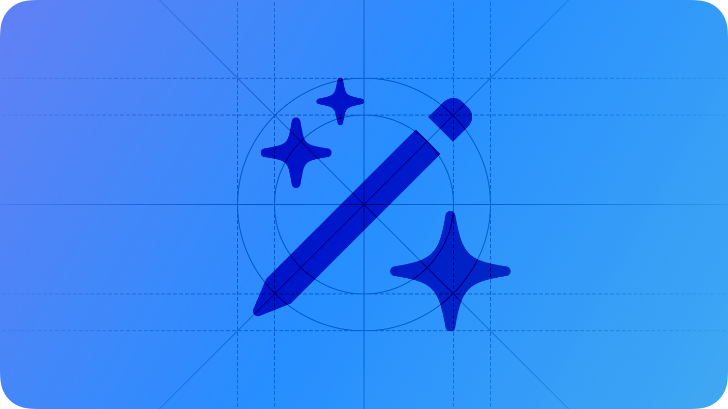 A sketch of a pencil surrounded by sparkly stars, suggesting generative intelligence. The image is overlaid with rectangular and circular grid lines and is tinted blue to subtly reflect the blue in the original six-color Apple logo.