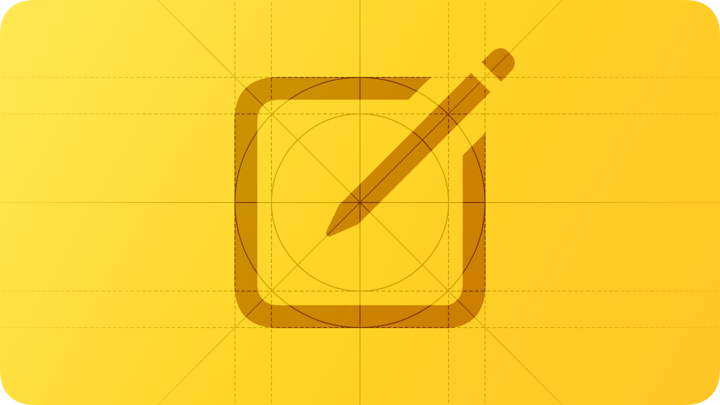 A sketch of a document and pencil, suggesting written content. The image is overlaid with rectangular and circular grid lines and is tinted yellow to subtly reflect the yellow in the original six-color Apple logo.