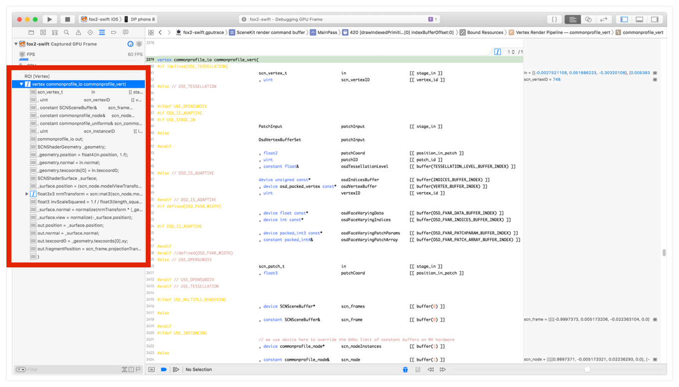 The shader debugger populated with the vertex values of the selected primitive.