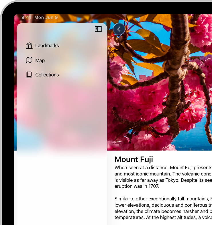 A screenshot of the leading side of an app on iPad. An image spans the upper part of the window, and uses a background extension effect to flip, blur, and extend the image beneath the sidebar to the edge of the window.