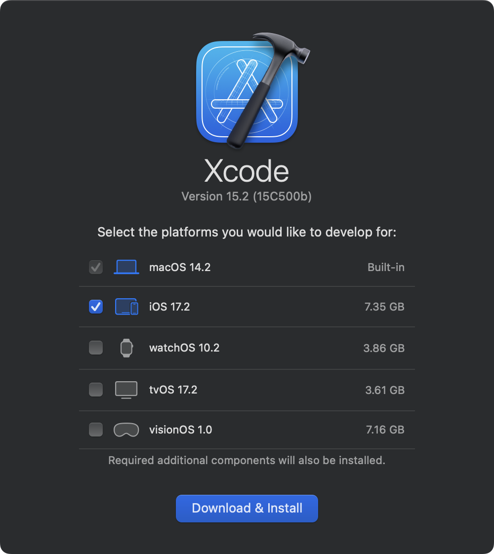 Launch Xcode. In the platform selection window, select iOS and click Download & Install.