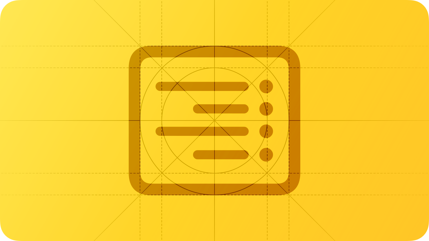 A sketch of a right-aligned bulleted list within a window, suggesting an interface displayed in a right-to-left language. The image is overlaid with rectangular and circular grid lines and is tinted yellow to subtly reflect the yellow in the original six-color Apple logo.