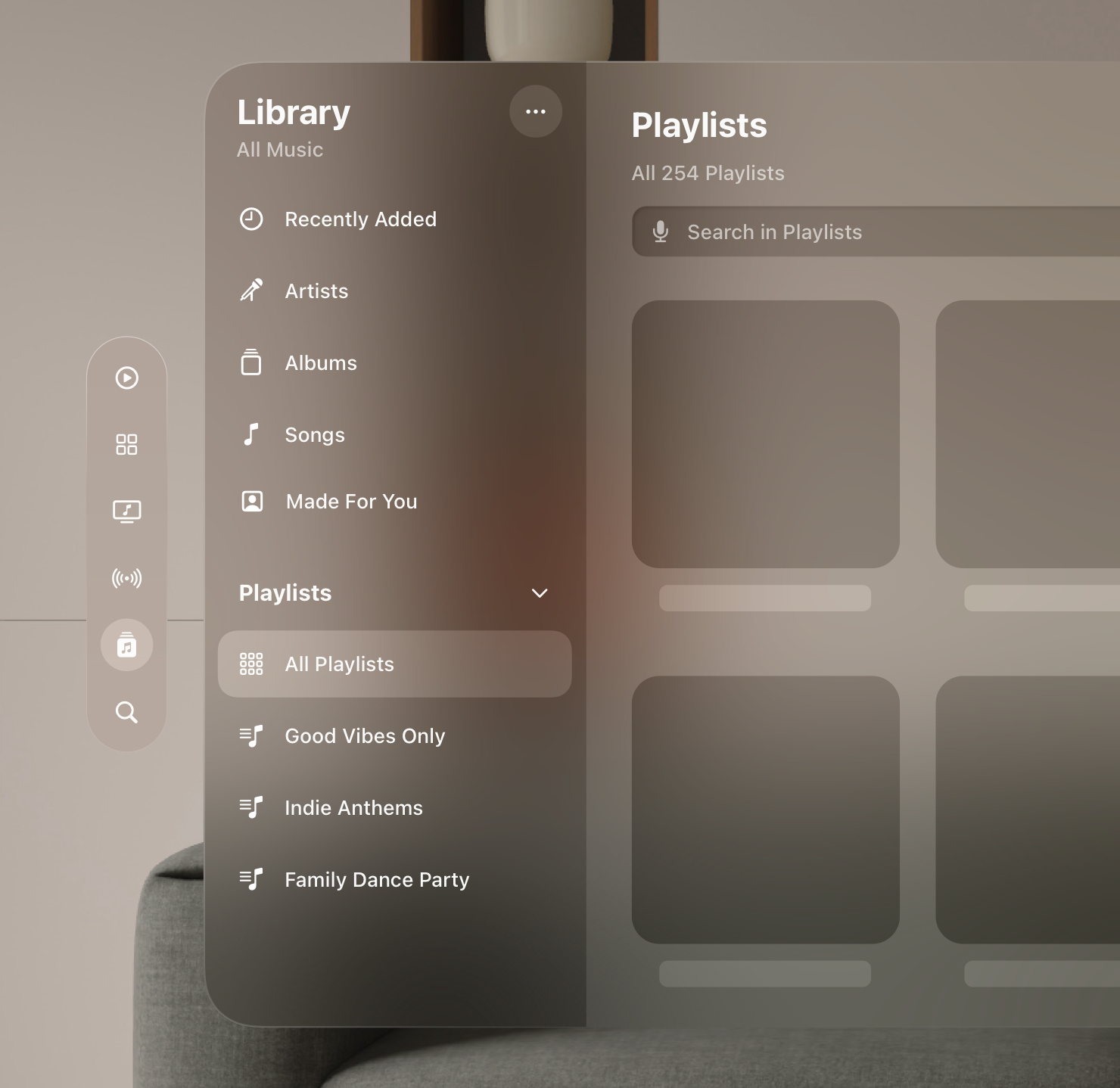 A partial screenshot of the Music app in visionOS. The app's window includes a sidebar for navigating the music library, and the secondary pane includes a grid of playlists.
