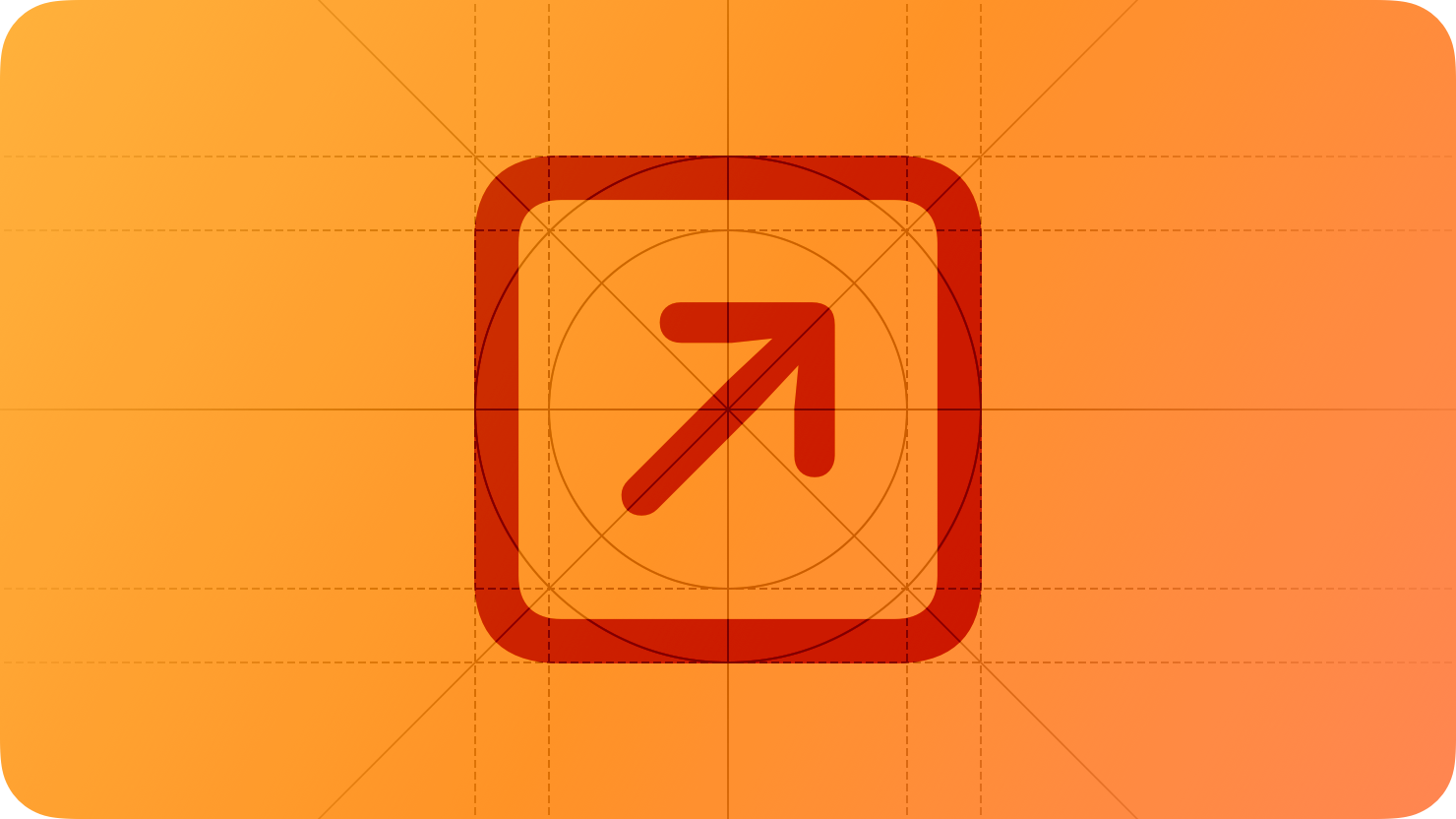 A sketch of a square containing an arrow pointing to the upper-right corner, suggesting a transition to a new state. The image is overlaid with rectangular and circular grid lines and is tinted orange to subtly reflect the orange in the original six-color Apple logo.