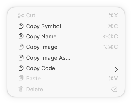 An illustration of an Edit menu that includes several similar Copy actions, with each represented by the same Copy symbol.