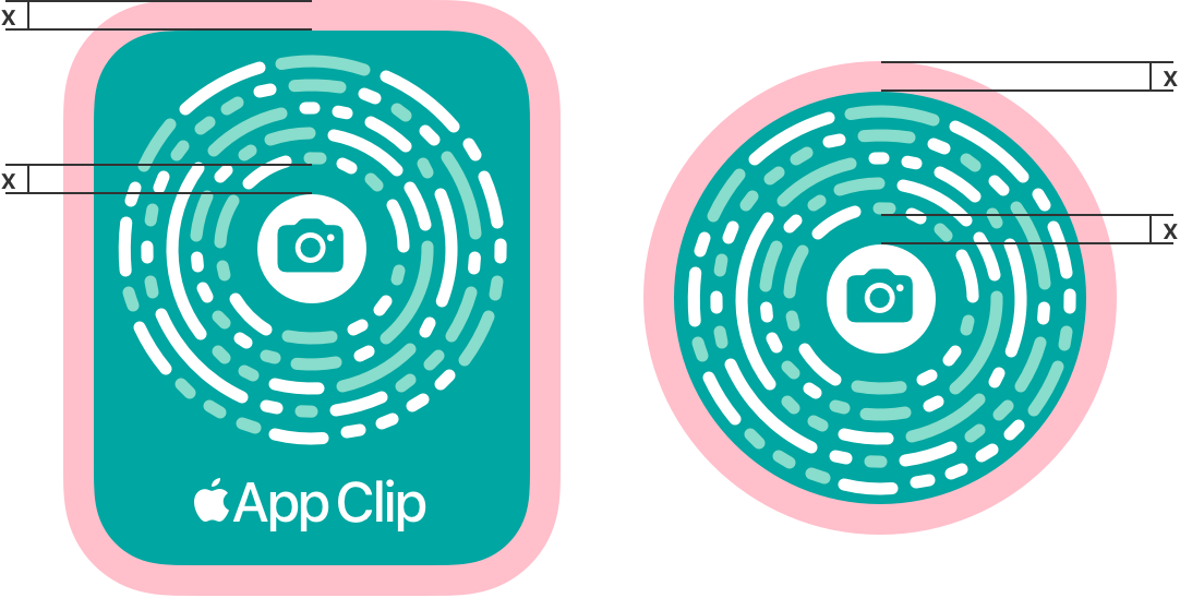 An illustration that shows an App Clip Code with the badge design to the left of an App Clip Code without the App Clip logo. A red guide surrounds each App Clip Code, illustrating the clear space requirements.