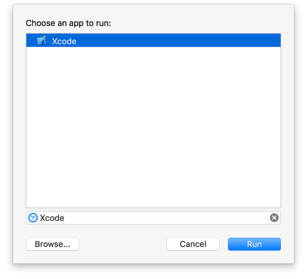 Çalıştırılacak uygulamaların bir listesini içeren bir Xcode iletişim kutusunu gösteren ekran görüntüsü. Seçilen uygulama Xcode'dur.