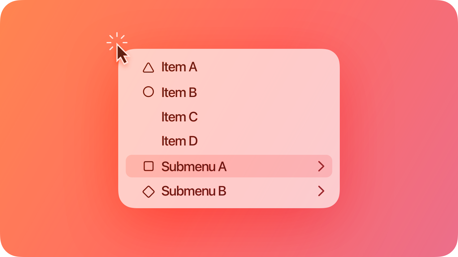 A stylized representation of a contextual menu beneath a clicking pointer. The image is tinted red to subtly reflect the red in the original six-color Apple logo.