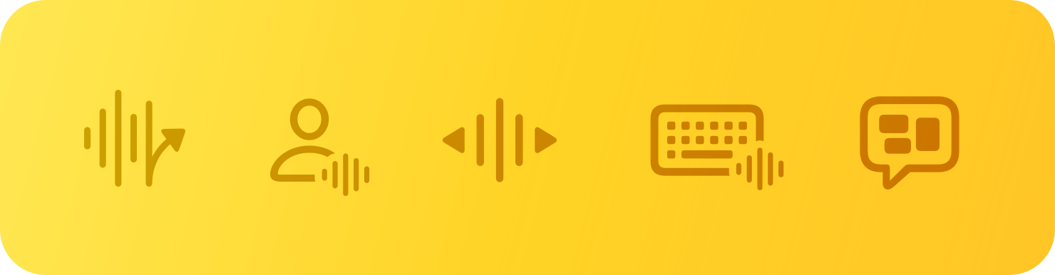 An illustration containing five symbols associated with the topic of speech, including symbols representing waveforms and speech.