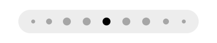 An illustration of a page control. The page control displays a total of 9 dots. The center 5 dots use the default size; the second and eighth dots are about half the default size and the first and ninth dots are about one quarter the default size. The center dot is filled, indicating the location of the current page in the list.