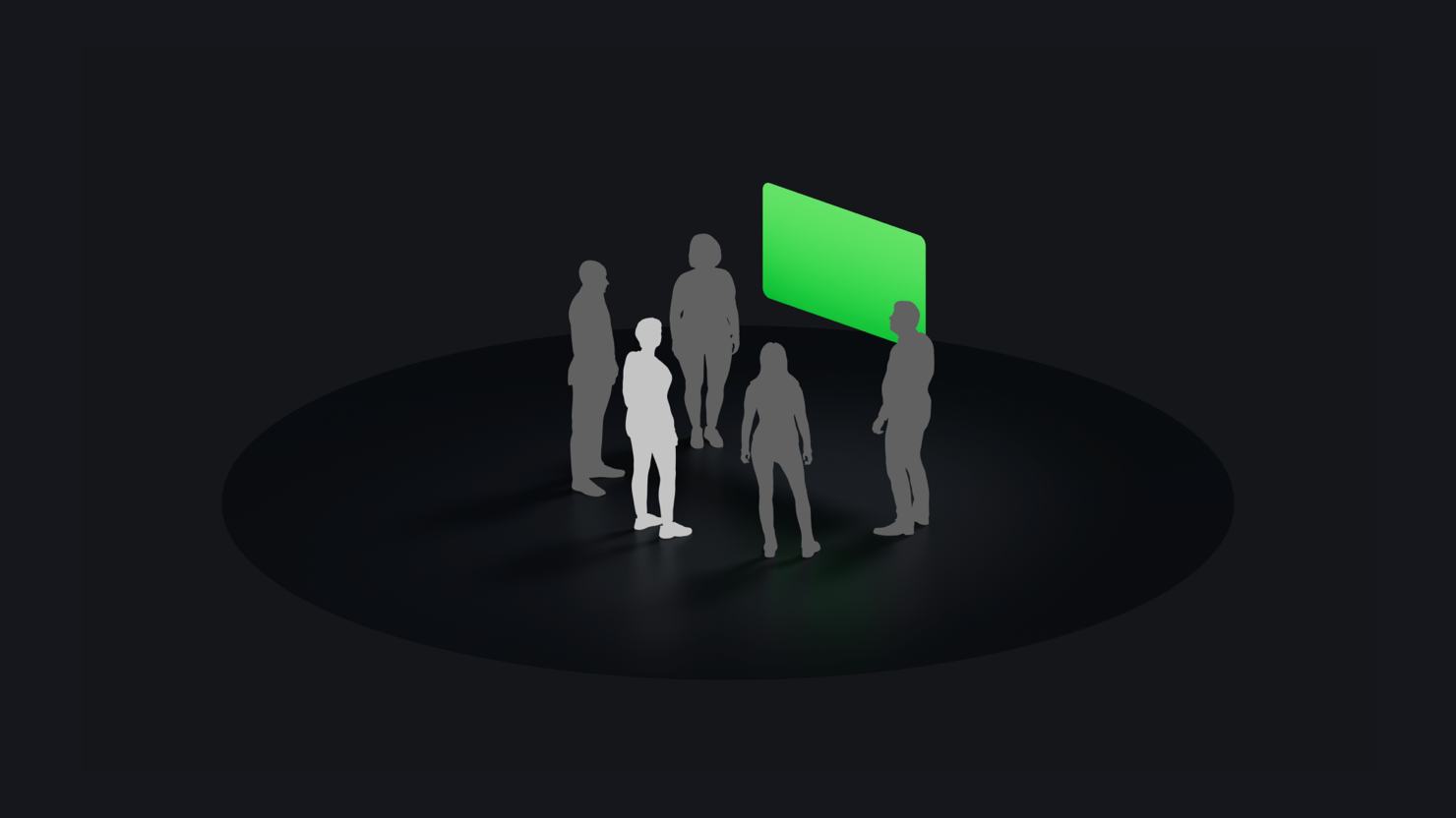 An illustration representing a conversational shared activity in visionOS. Participants are positioned in a semi-circle formation around shared content.