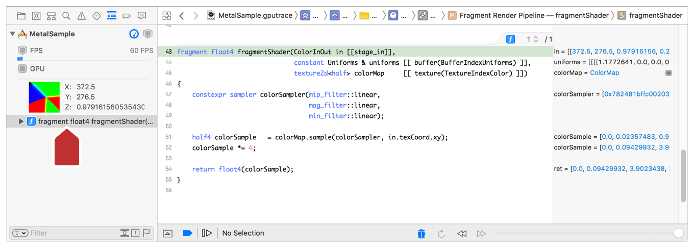 The shader debugger populated with the current values of the fragment selected earlier.