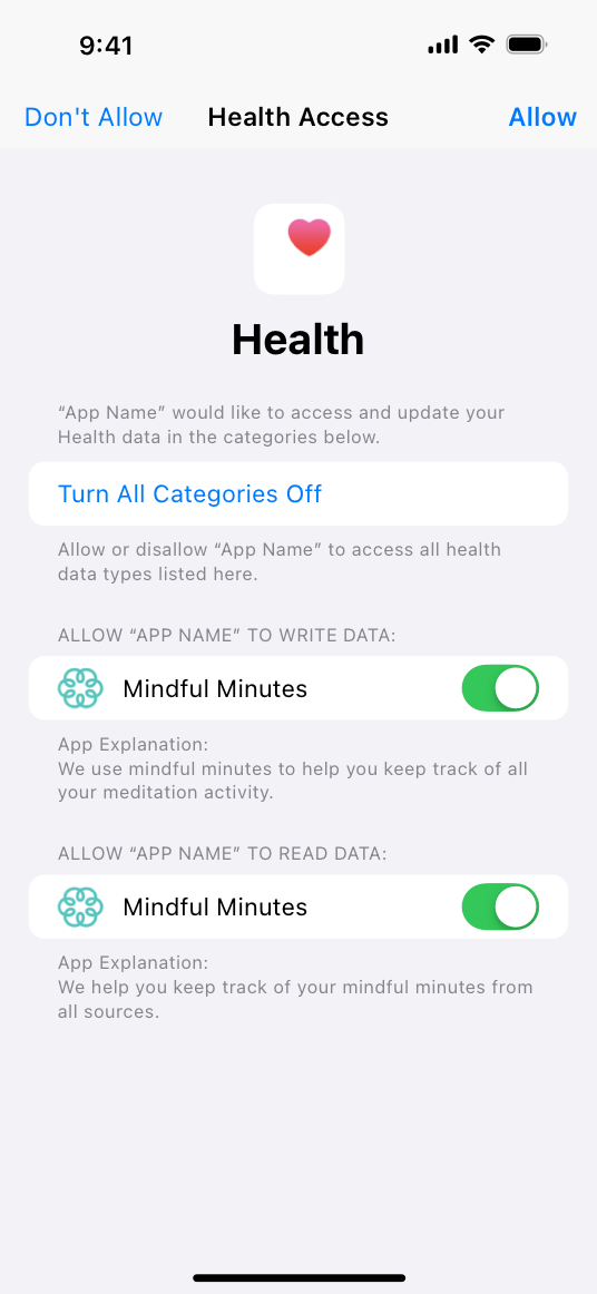 A screenshot of a Health Access screen on iPhone, which asks for permission for an app to write and read mindful minute data.