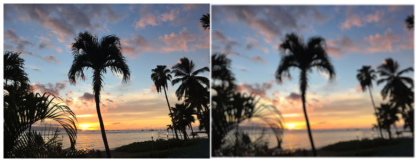 Two photographs of a beach at sunset with multiple palm trees. The photo on the left is clear and crisp. In the photo on the right, a bokeh blur filter has been applied and the image is softer and looks slightly fuzzy or hazy.