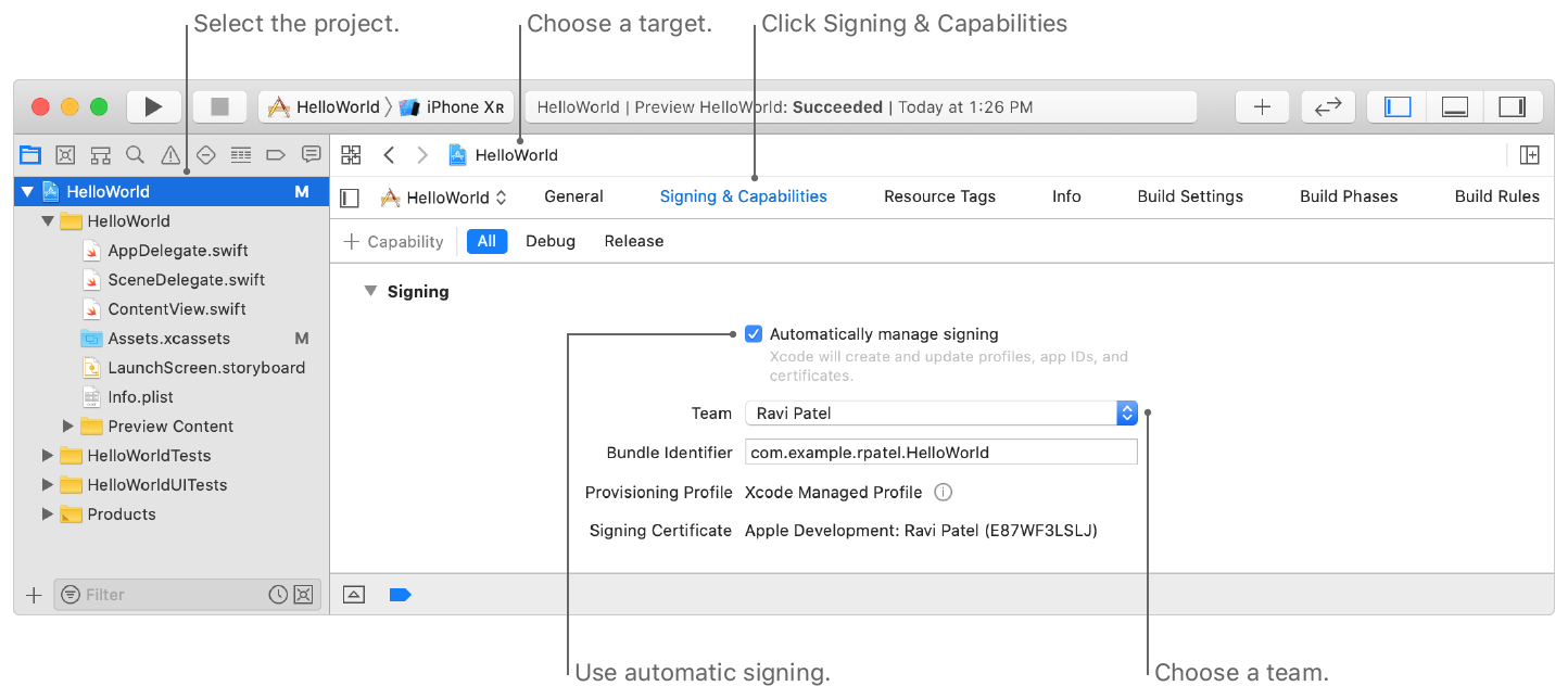 Screenshot showing Signing controls you use to assign the target to a team. The image shows where you select the project, choose a target, click Signing & Capabilities, and choose a team.