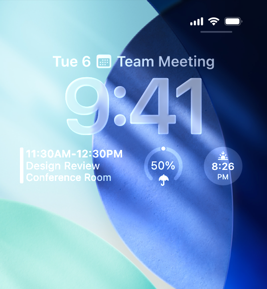 A partial screenshot of the Lock Screen on iPhone that shows a Calendar widget and two Weather widgets below the time. From the left, the widgets are an inline text widget and two circular widgets.