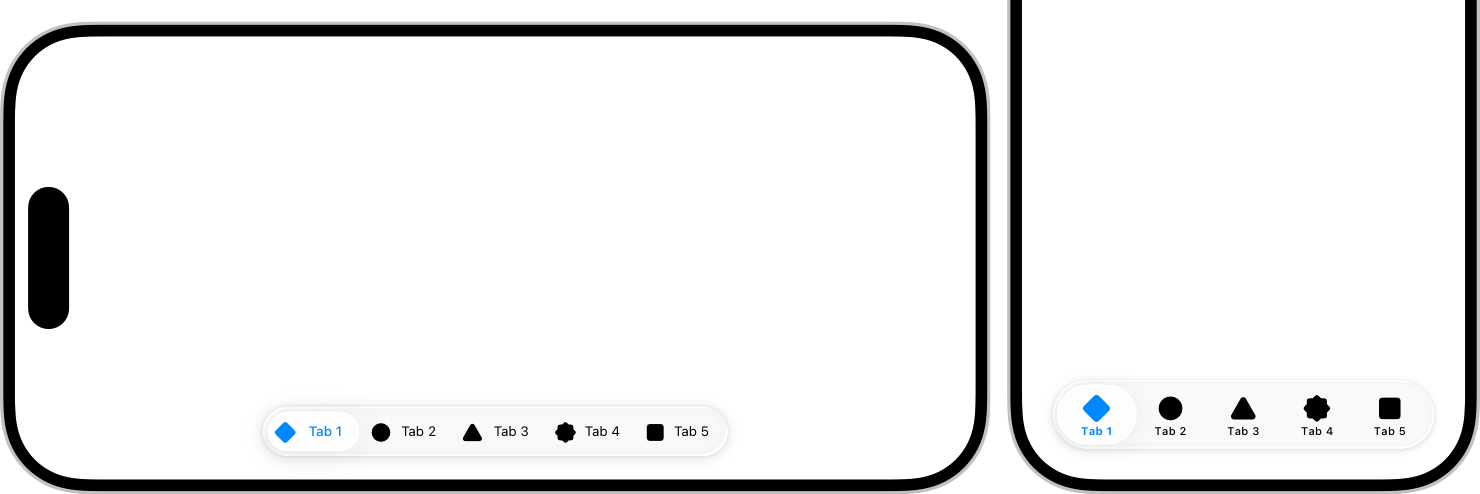An illustration of two iPhone devices side by side. The first iPhone is in landscape orientation with a tab bar at the bottom of the screen, with tab bar icons on the leading edge of each tab and tab labels on the trailing edge. The second iPhone is in portrait orientation with a tab bar at the bottom of the screen, with tab bar icons above their respective tab labels.