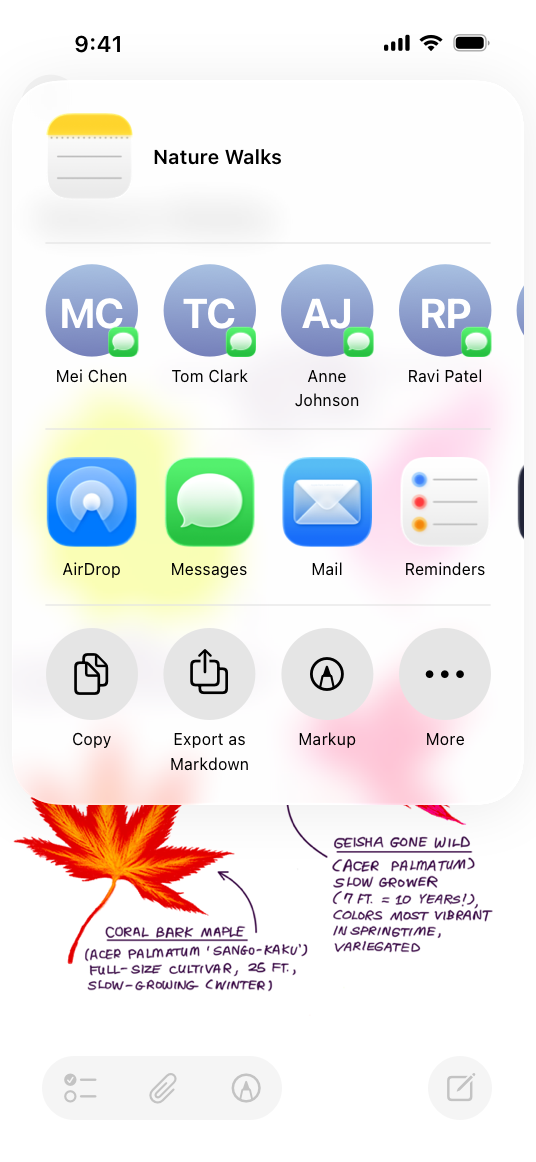 A screenshot of the Notes app on iPhone, with an open Notes document titled Nature Walks. An activity view is open from the Share button, including controls for sharing the document with contacts or other apps, and copying, exporting, or adding markup to the document.