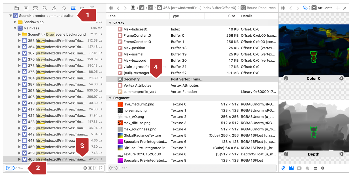 On the left, the Debug pane is chosen with the View Frame By Call viewing option. On the right, the Bound Resources are shown with Geometry selected.