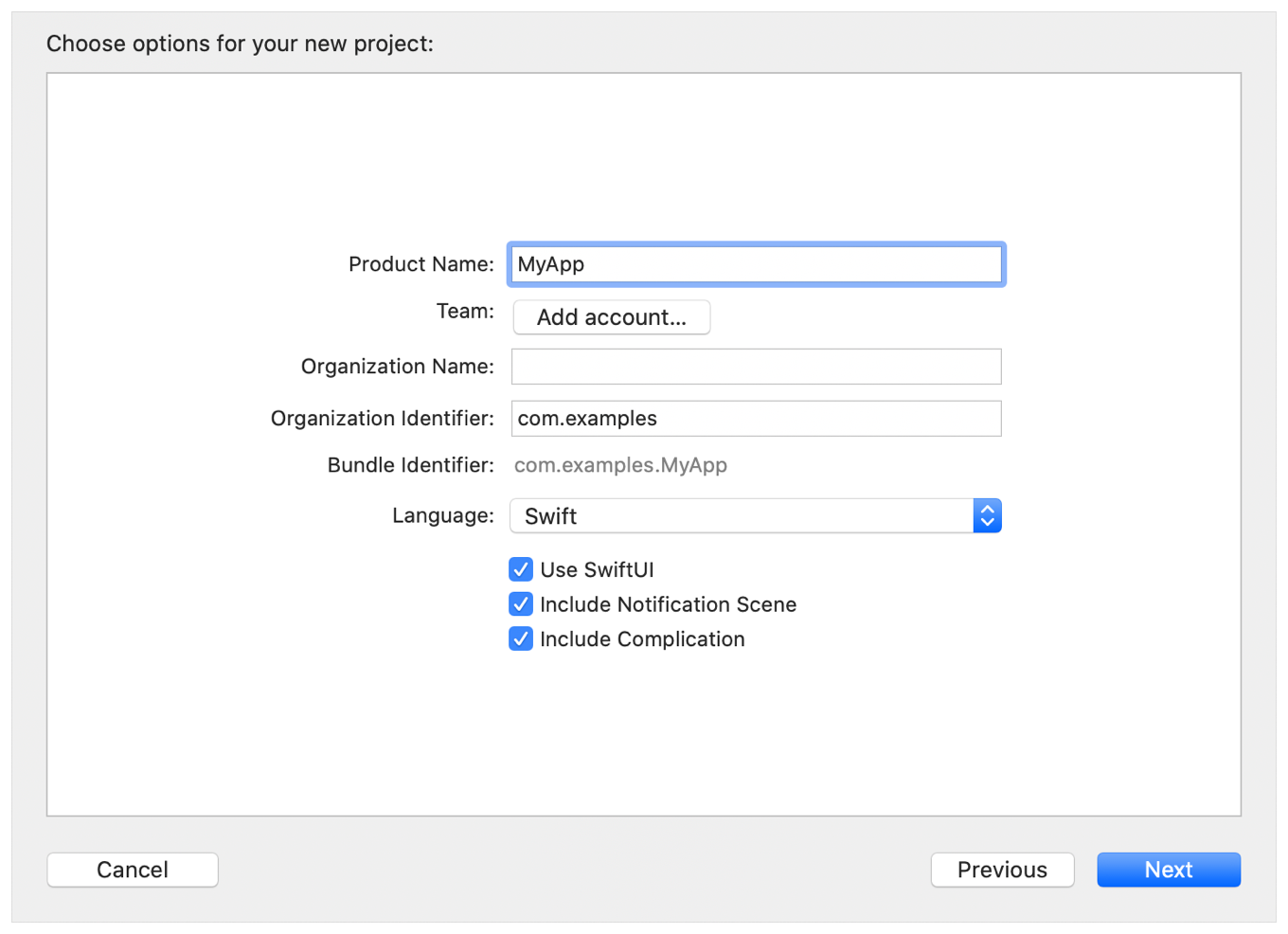 A screenshot showing the new project sheet with the project name set, and notifications, complications, and unit tests included.