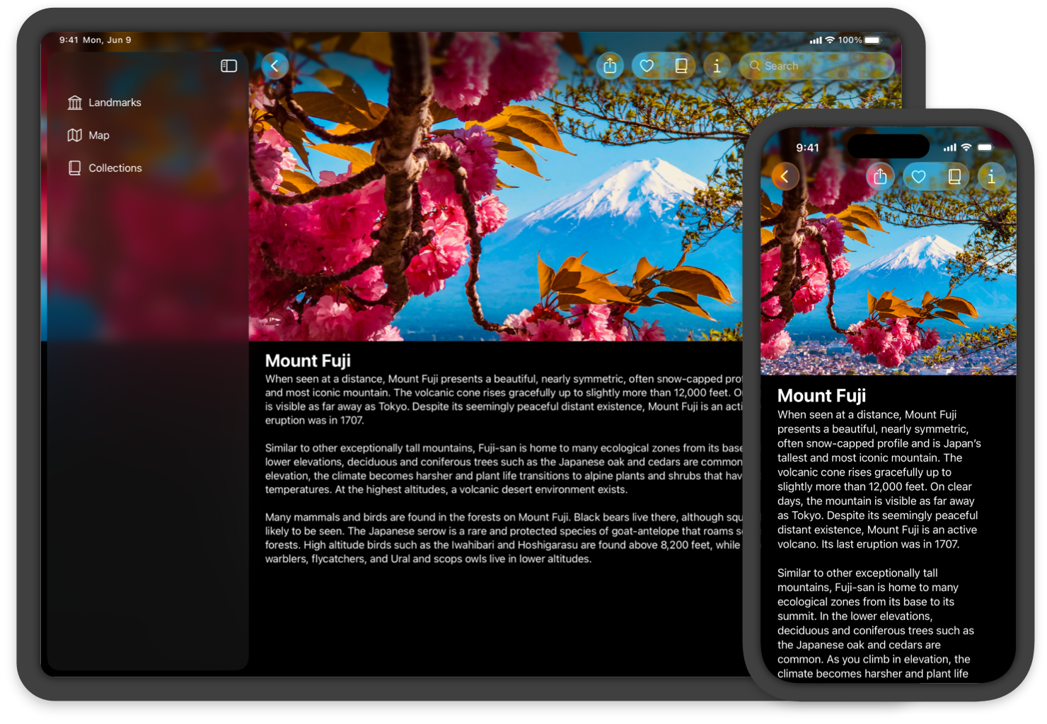 An image of the Landmarks sample app on iPad and iPhone showing the Mount Fuji landmark.