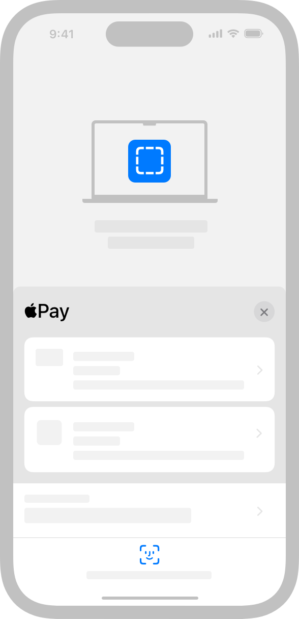 An illustration of an Apple Pay payment sheet on iPhone, which shows a website icon above the payment details.