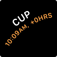 Two lines of text, both of which appear to follow the curve of the top-left quadrant of a circle. The top line contains the word cup in large white text. The bottom line contains the time ten oh nine AM followed by a plus sign and zero hours, all in orange text.