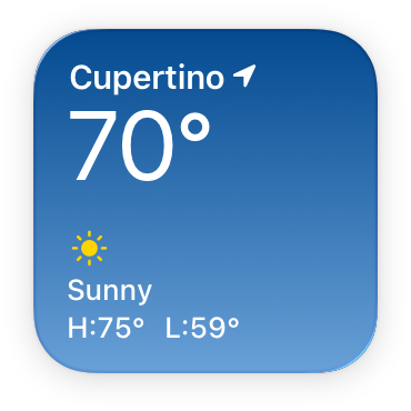An image of a small Weather widget showing current conditions for Cupertino. In text, the widget displays a temperature of 70 degrees, the condition Sunny, and forecast high and low temperatures of 75 degrees and 59 degrees, respectively. The widget also displays a yellow sun symbol above the word Sunny and the filled-in location indicator to the right of the word Cupertino.