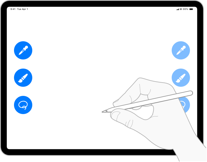 An illustration of an iPad app that shows a stack of three circular controls on both side edges. A drawing of a person’s right hand holding an Apple Pencil is shown at the bottom-right corner of the screen, partially obscuring the controls on that side. The controls on the right edge are grayed out to indicate the original position they no longer occupy, while the controls on the left edge are bright to indicate their final position.
