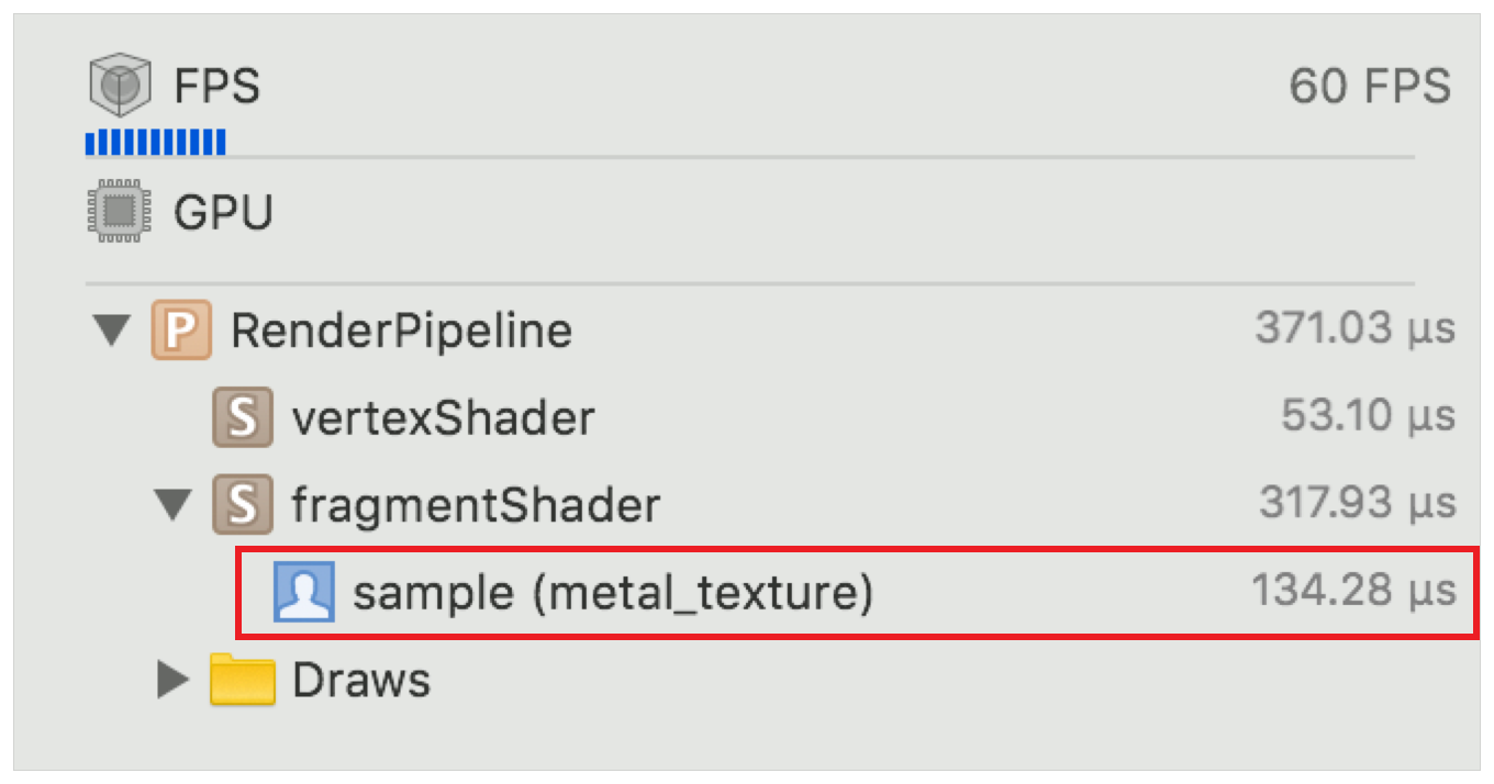 Screenshot of Xcode's View Frame By Performance pane with a shader expanded to reveal the relative cost of an inline function.