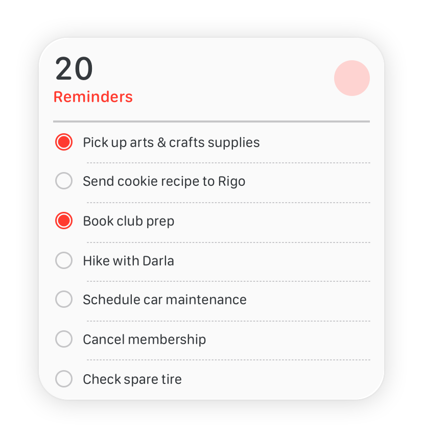 An image of the large Reminders widget with a toggle for each task. The toggles for the first and third items in the list indicate that these tasks are complete.