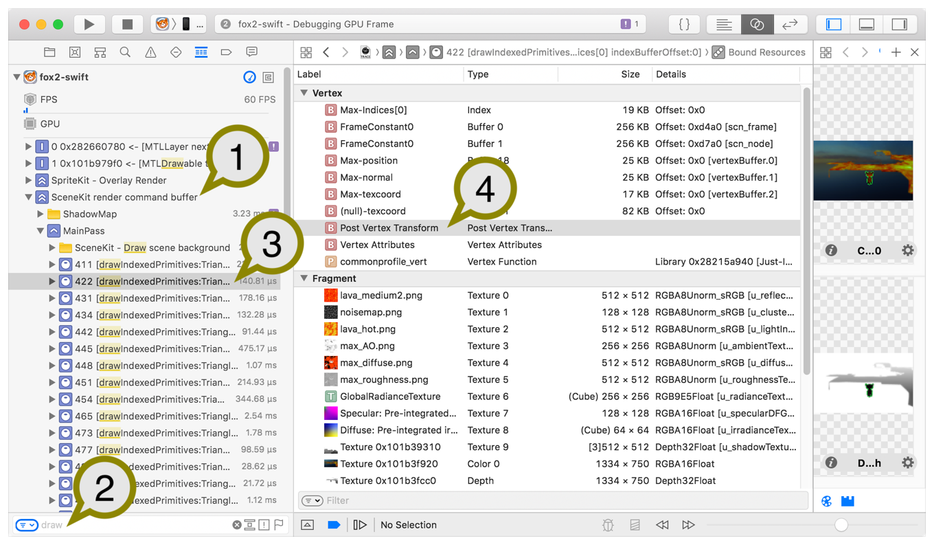 On the left, the Debug pane is chosen with the View Frame By Call viewing option. On the right, the Bound Resources are shown with Post Vertex Transform selected.